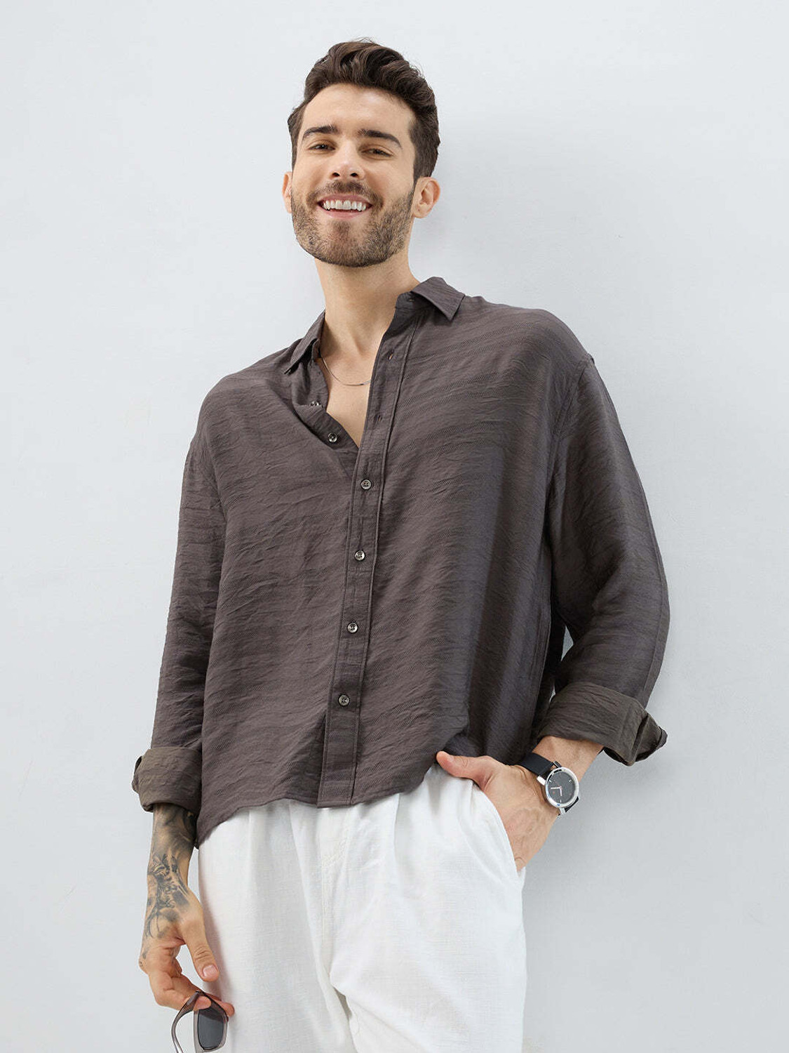 Image of VASTRADO Men Boxy Fit Self Design Cut Away Collar Casual Shirt
