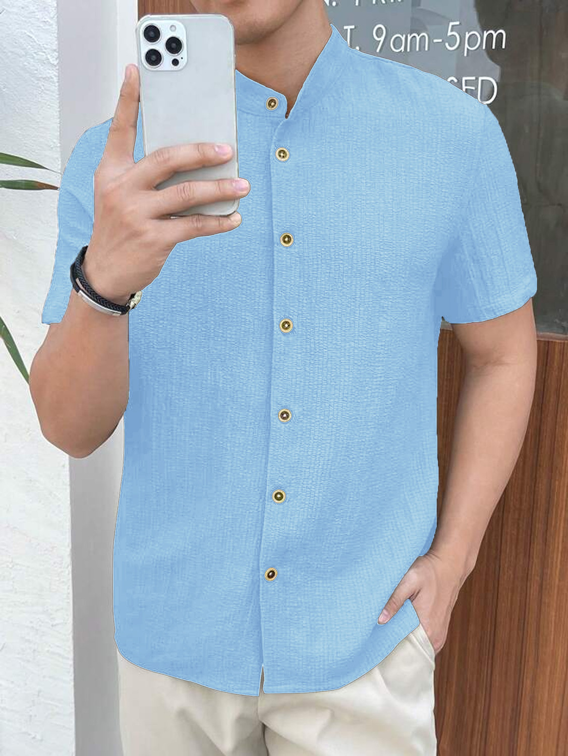 Image of JINIK Men Regular Fit Self Design Mandarin Collar Casual Shirt