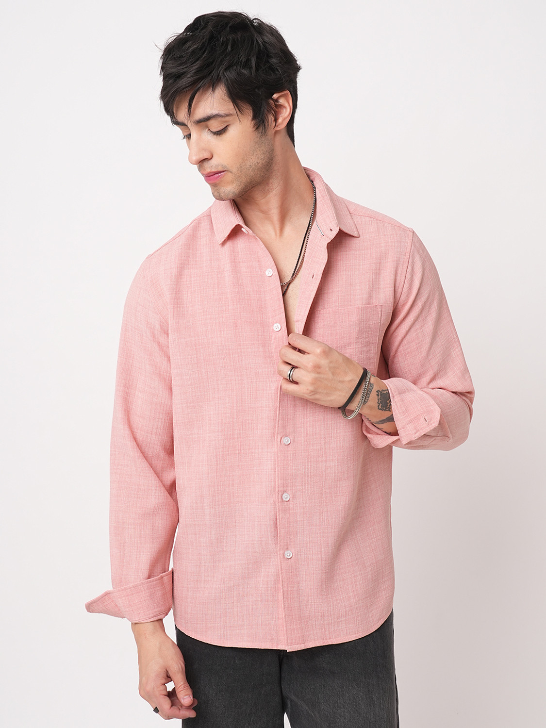 Image of VASTRADO Men Slim Fit Self Design Cut Away Collar Casual Shirt