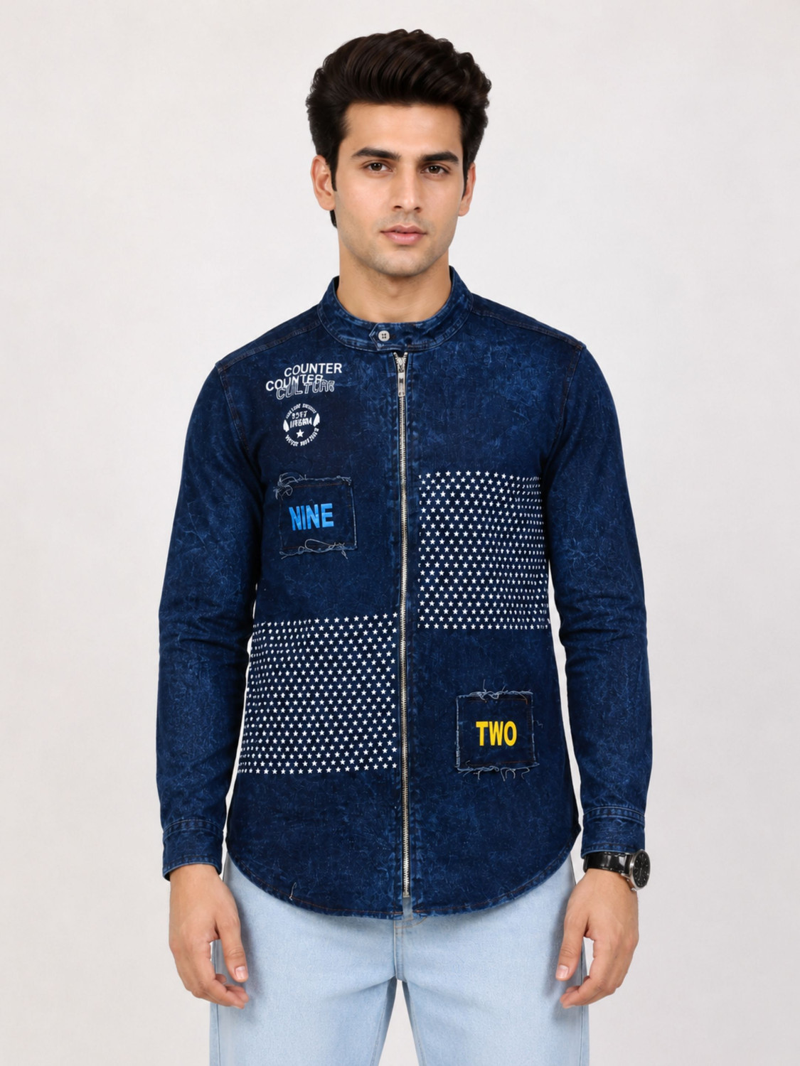 Image of Clubble Men Regular Fit Washed, Graphic Print, Printed Hood Collar Casual Shirt