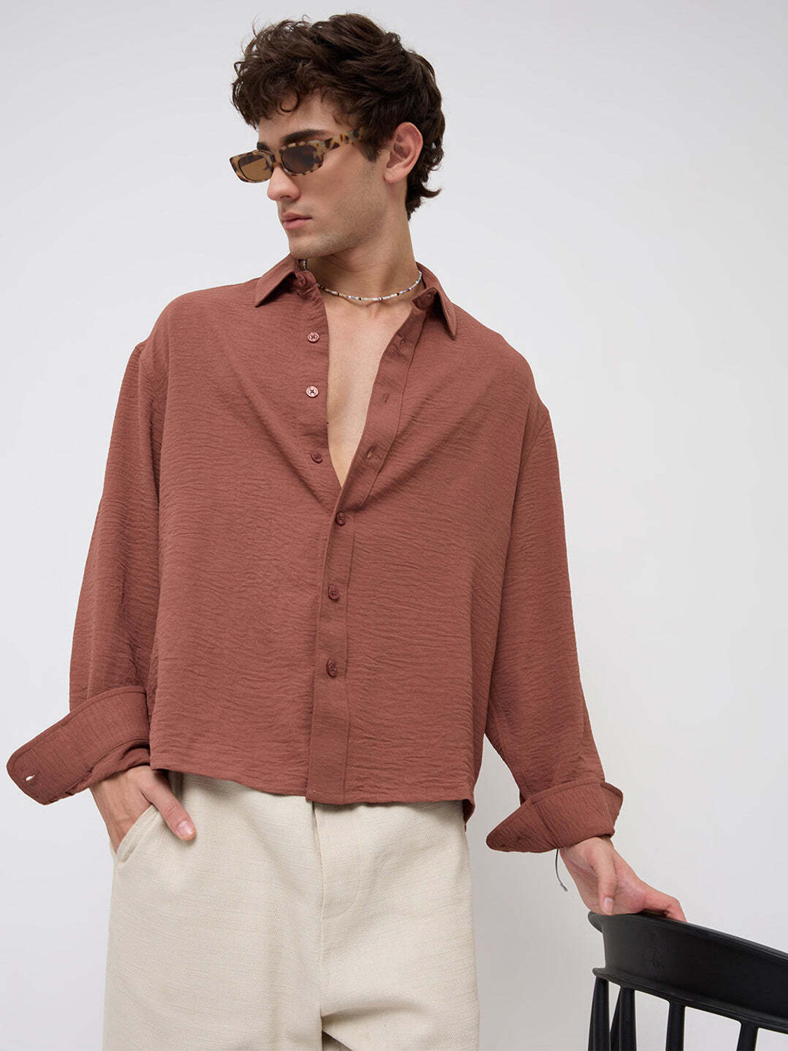 Image of VASTRADO Men Oversized Fit Solid Cut Away Collar Casual Shirt