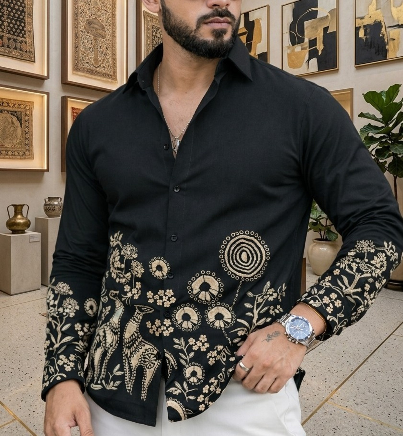 Image of Zonly Men Regular Fit Self Design, Printed, Solid Ribbed Collar Casual Shirt