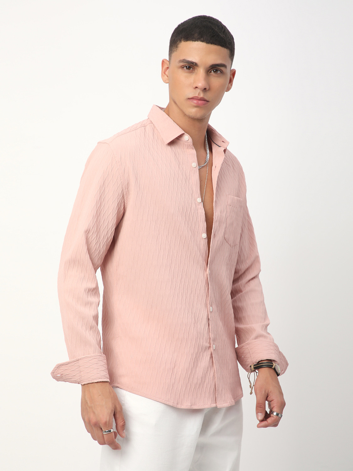Image of VASTRADO Men Slim Fit Self Design Cut Away Collar Casual Shirt