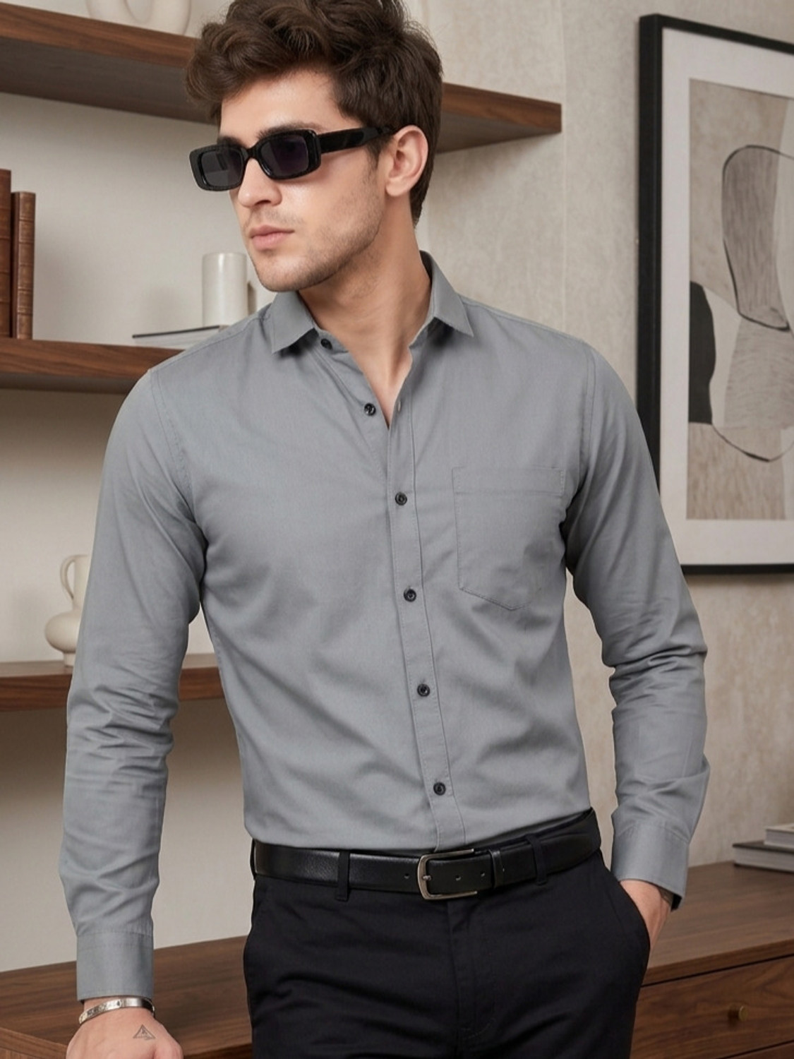 Image of FIBERMILL Men Slim Fit Solid Spread Collar Formal Shirt