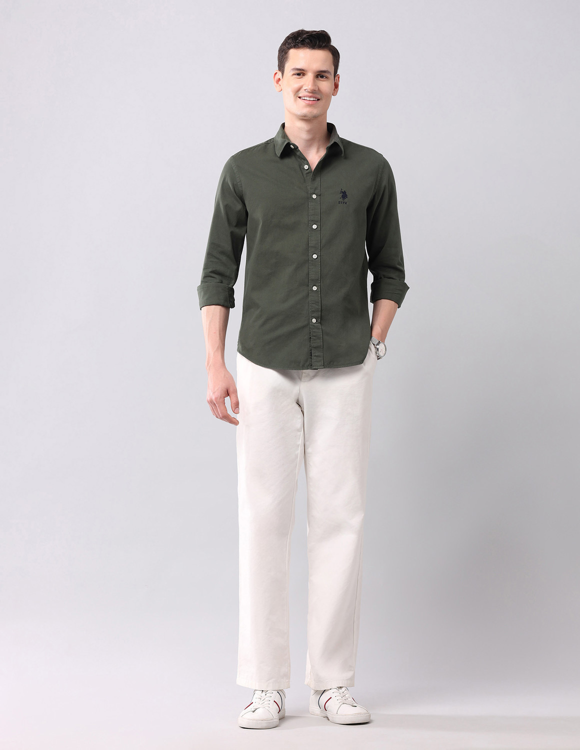 Image of U.S. POLO ASSN. Men Slim Fit Solid Spread Collar Casual Shirt