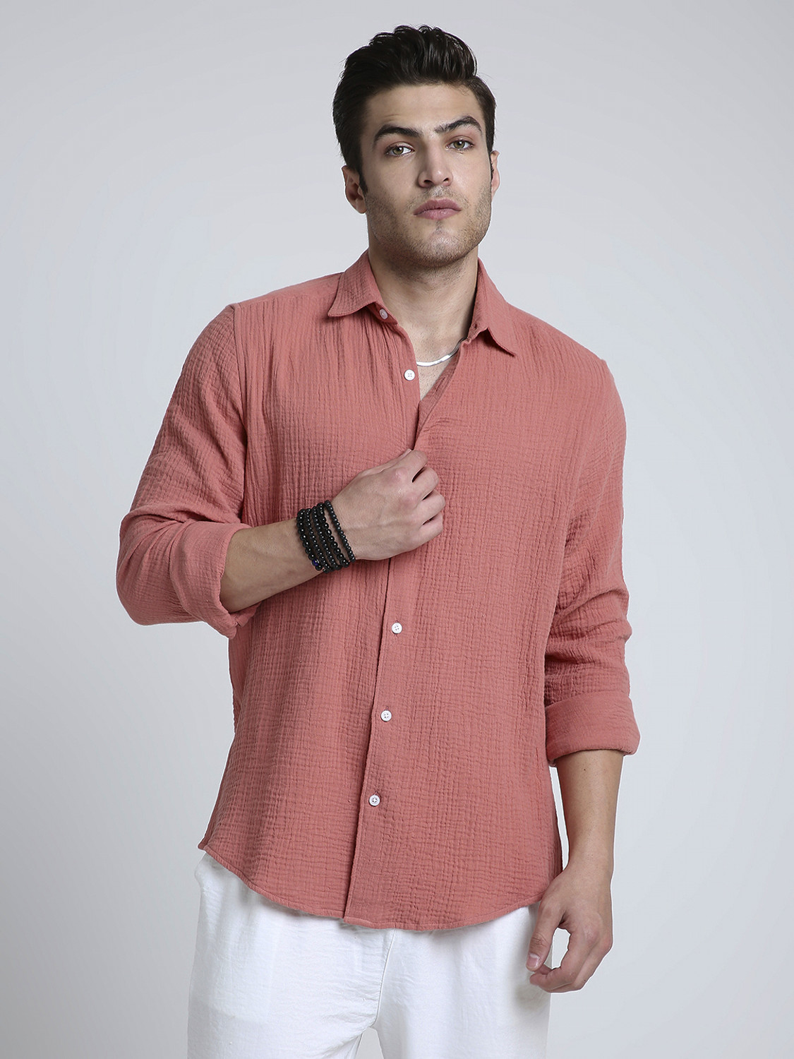 Image of VASTRADO Men Slim Fit Self Design Cut Away Collar Casual Shirt