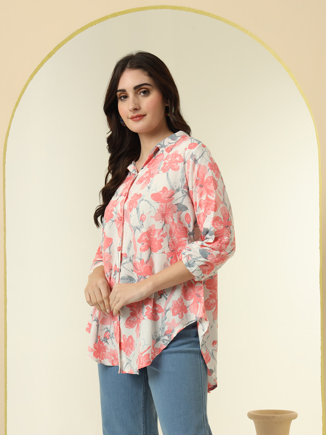 Image of Nayam By Lakshita Women Regular Fit Embroidered Mandarin Collar Casual Shirt