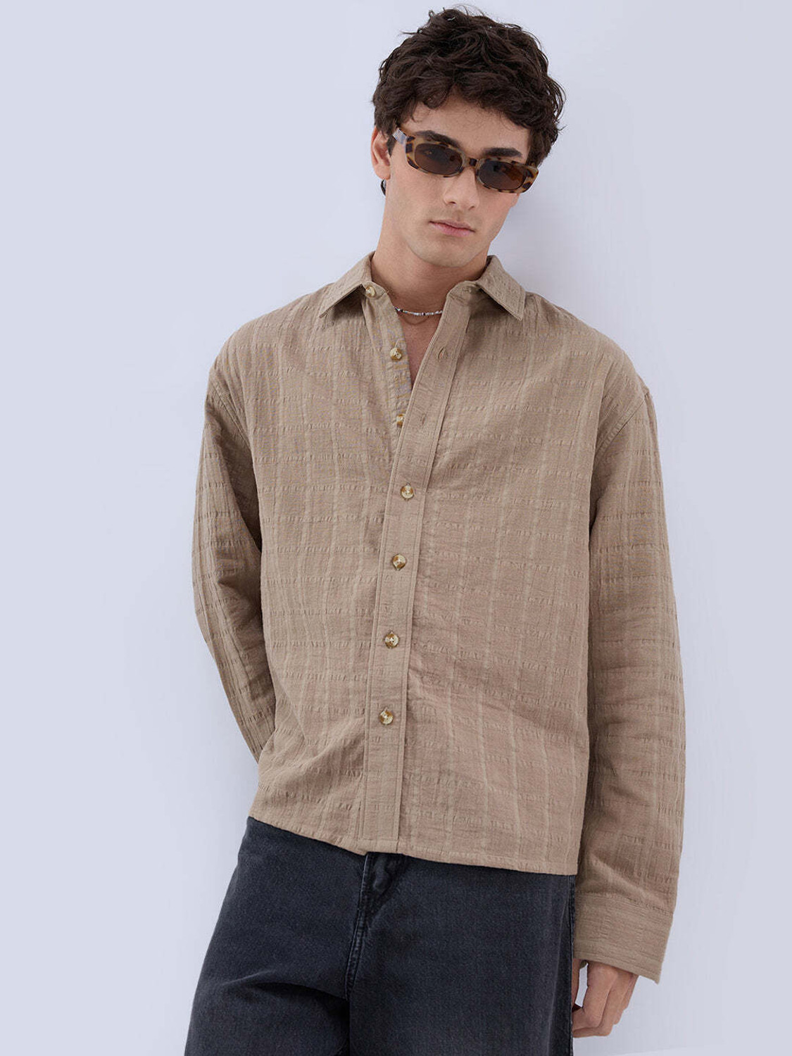 Image of VASTRADO Men Oversized Fit Solid Cut Away Collar Casual Shirt