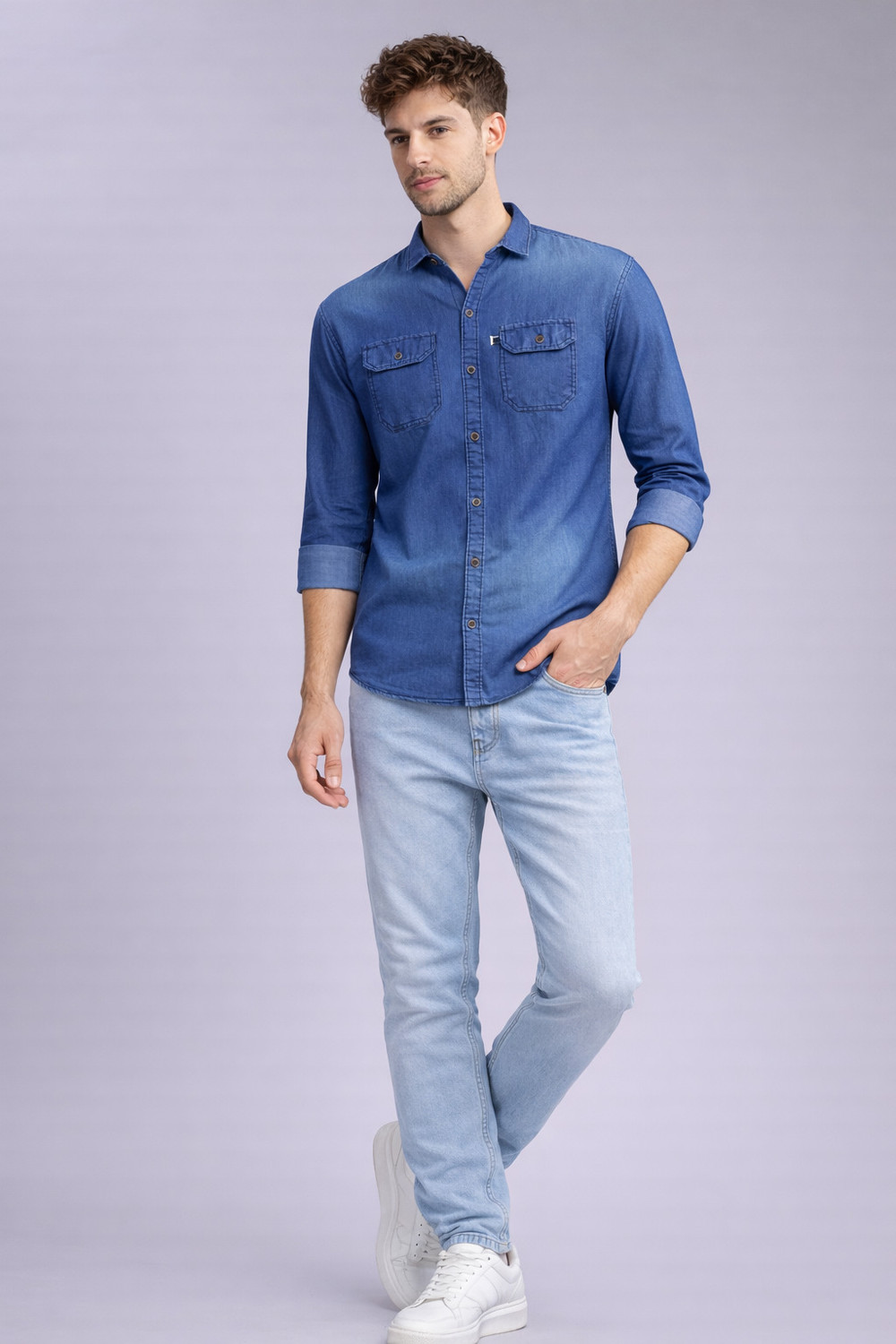 Image of AIDAN PAUL Men Regular Fit Washed Cut Away Collar Casual Shirt