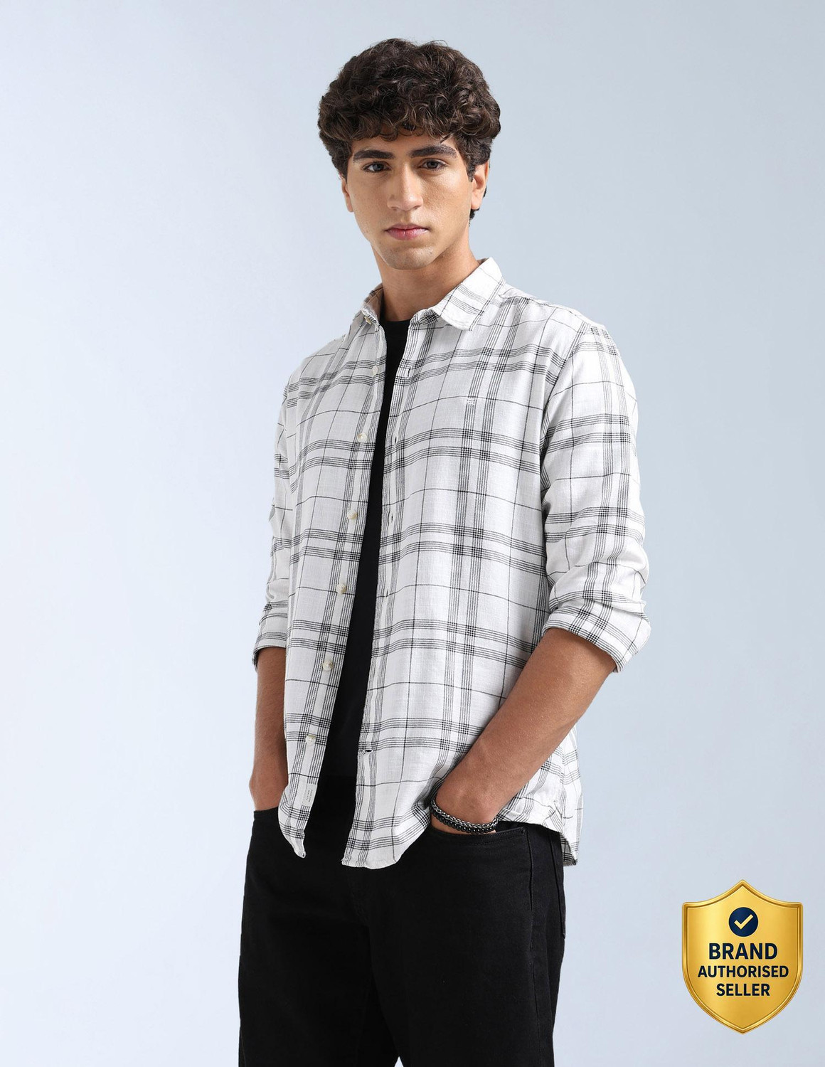 Image of FLYING MACHINE Men Slim Fit Checkered Spread Collar Casual Shirt