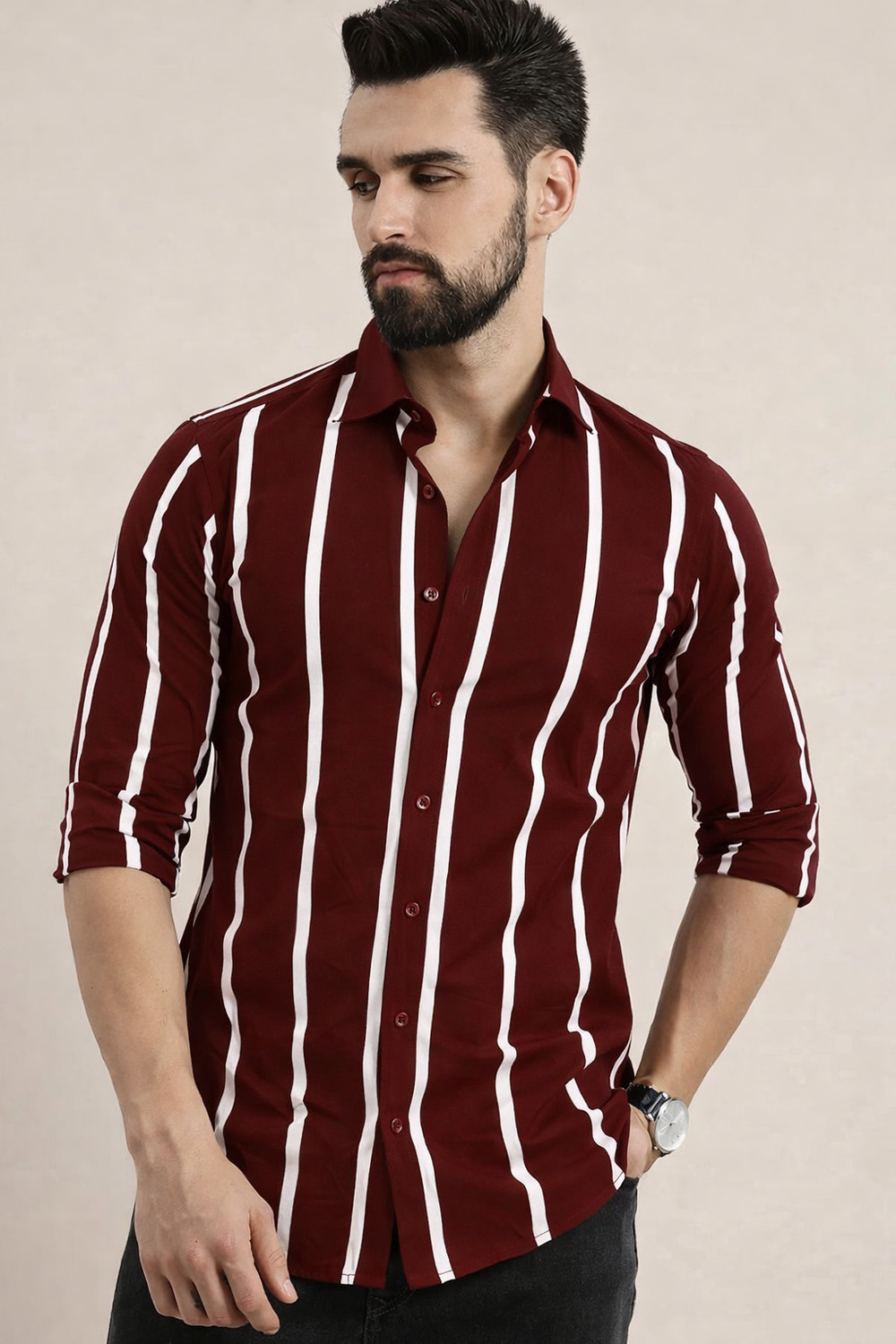 Image of The TallMann Club Men Regular Fit Striped Slim Collar Casual Shirt