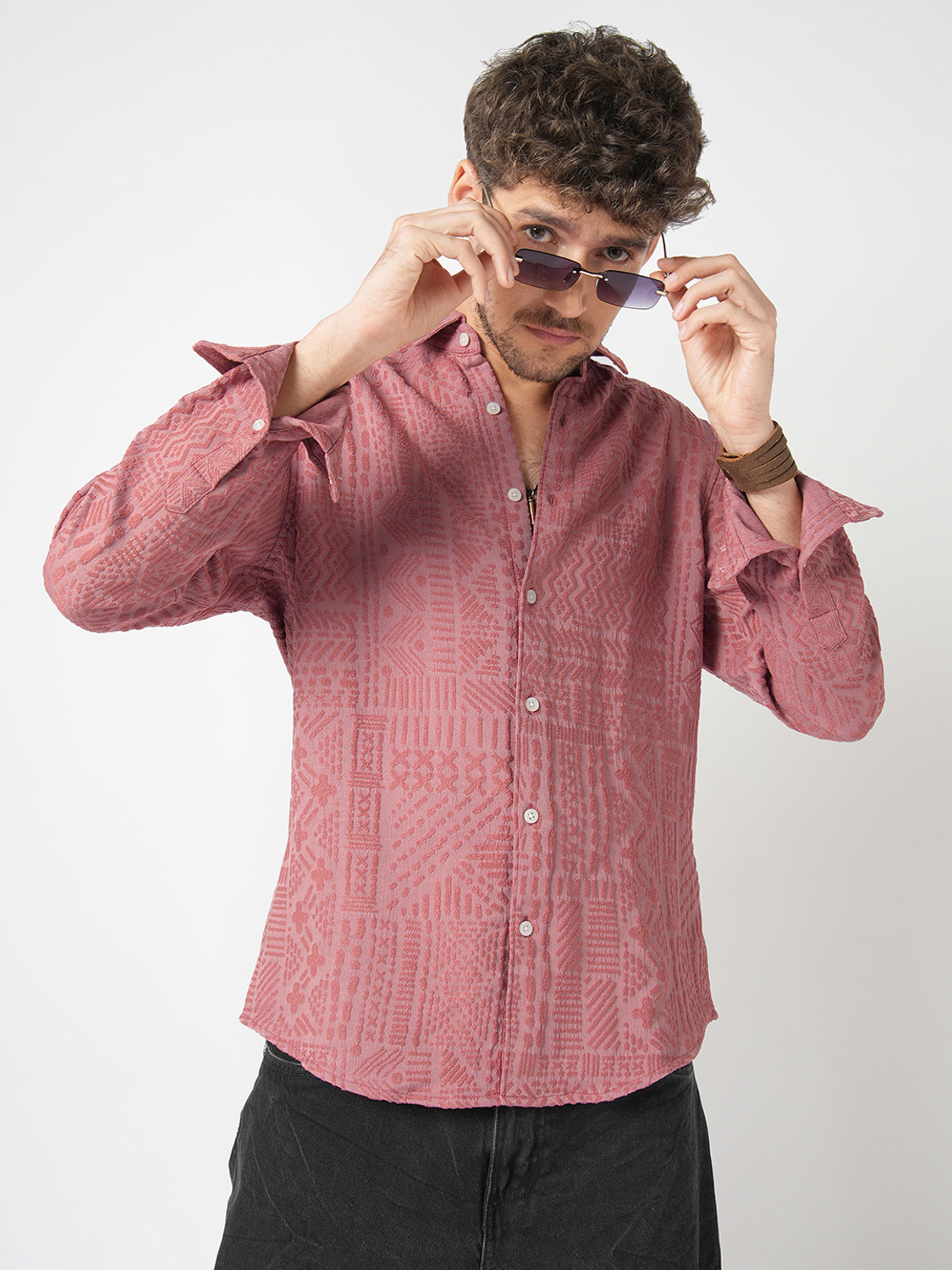 Image of VASTRADO Men Slim Fit Self Design Cut Away Collar Casual Shirt