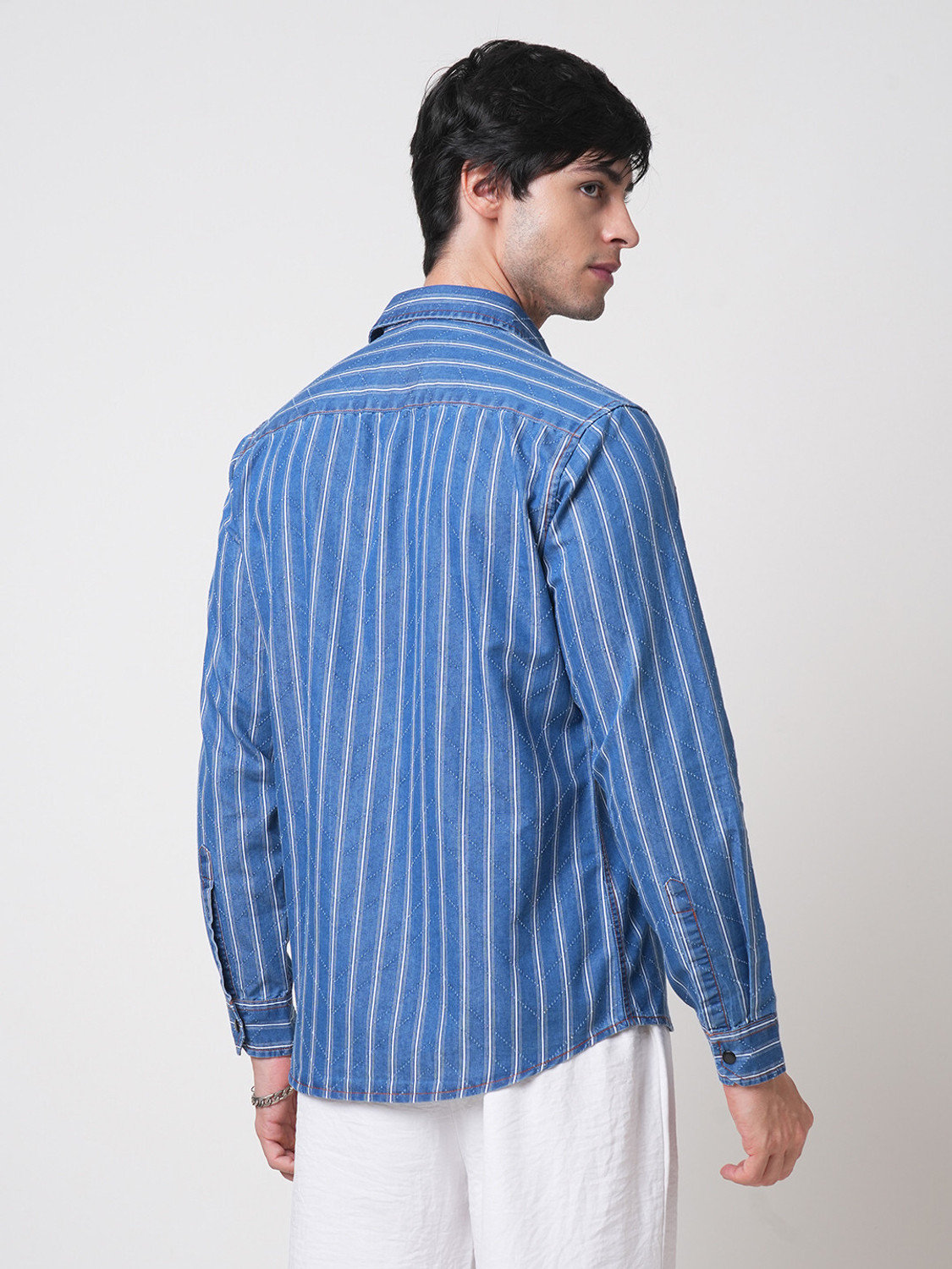 Image of VASTRADO Men Slim Fit Striped Cut Away Collar Casual Shirt