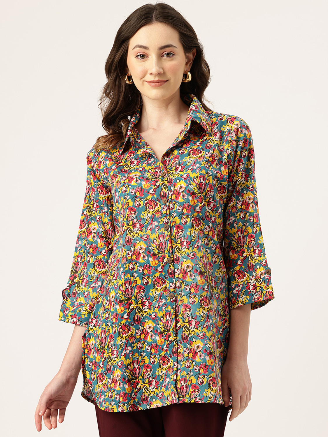 Image of Nayam By Lakshita Women Regular Fit Embroidered Mandarin Collar Casual Shirt