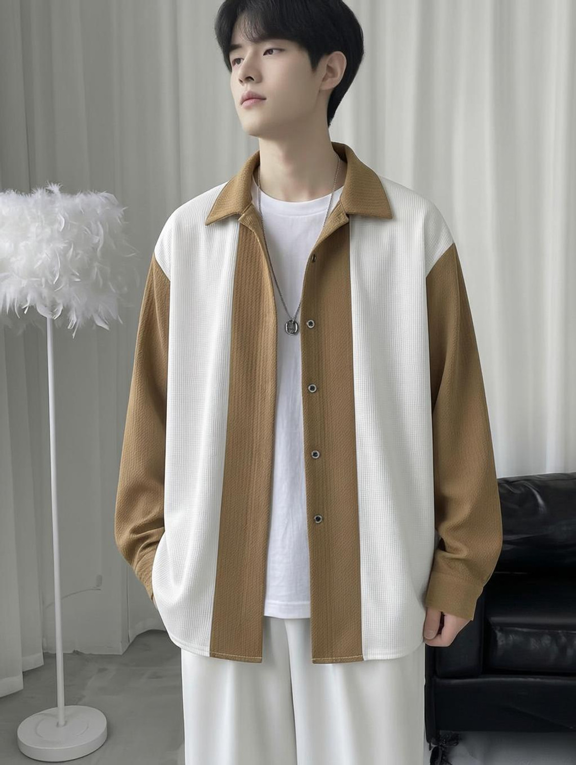 Try Men Color Block Casual Shirt, White & Brown - Image 1