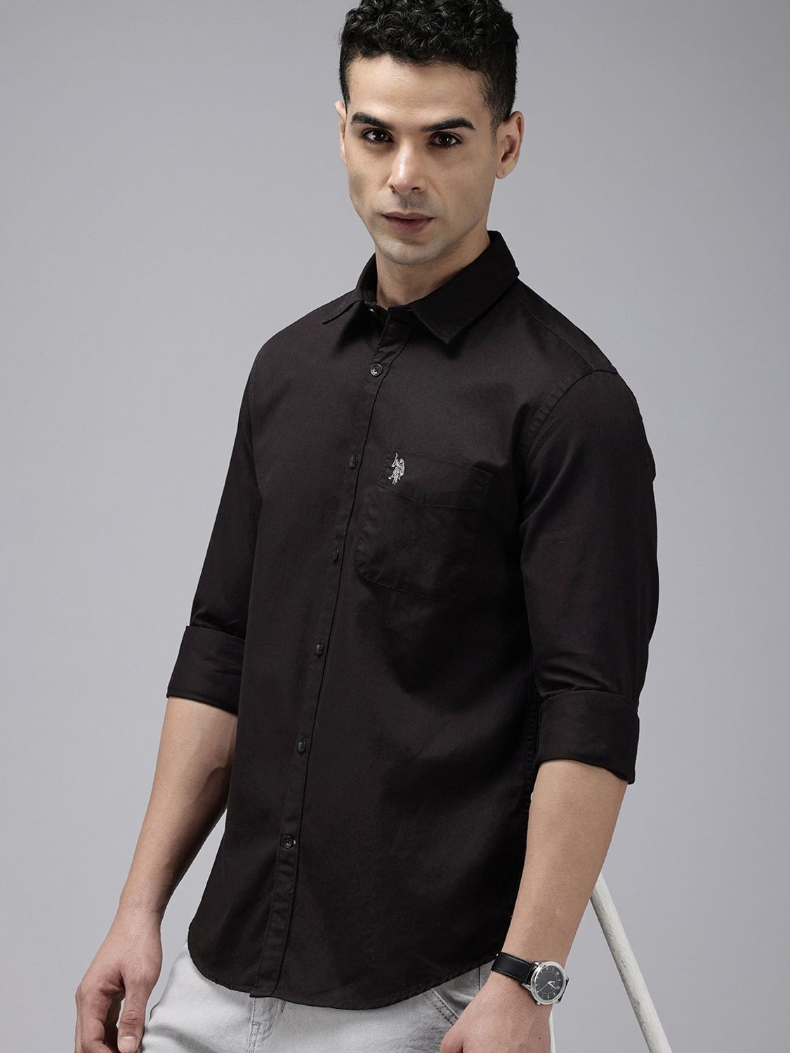 Image of U.S. POLO ASSN. Men Slim Fit Solid Spread Collar Casual Shirt