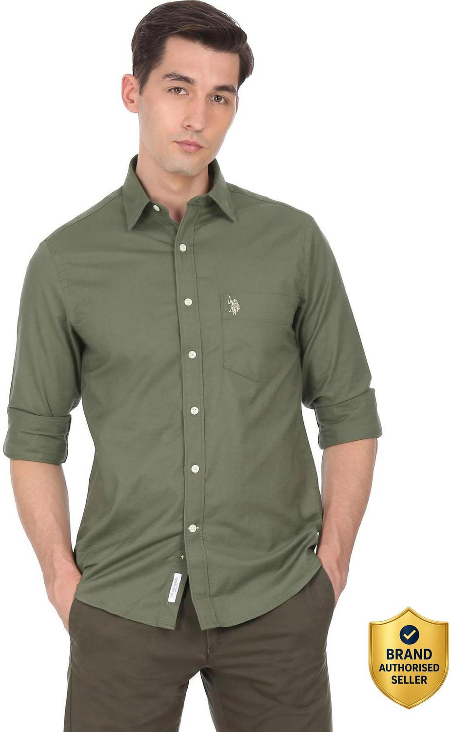 Image of U.S. POLO ASSN. Men Slim Fit Solid Cut Away Collar Casual Shirt