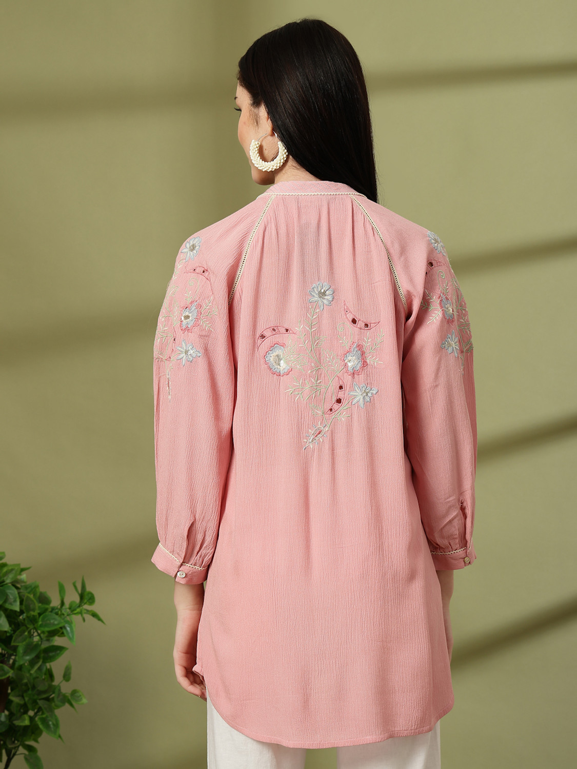 Image of Nayam By Lakshita Women Regular Fit Embroidered Mandarin Collar Casual Shirt
