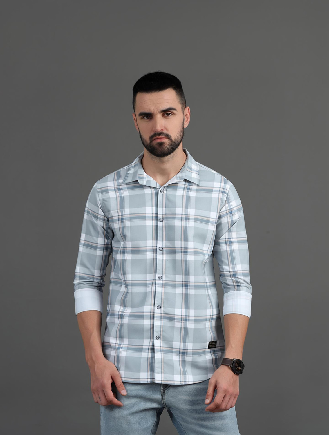 Image of CAZZBA Men Regular Fit Checkered Cut Away Collar Casual Shirt