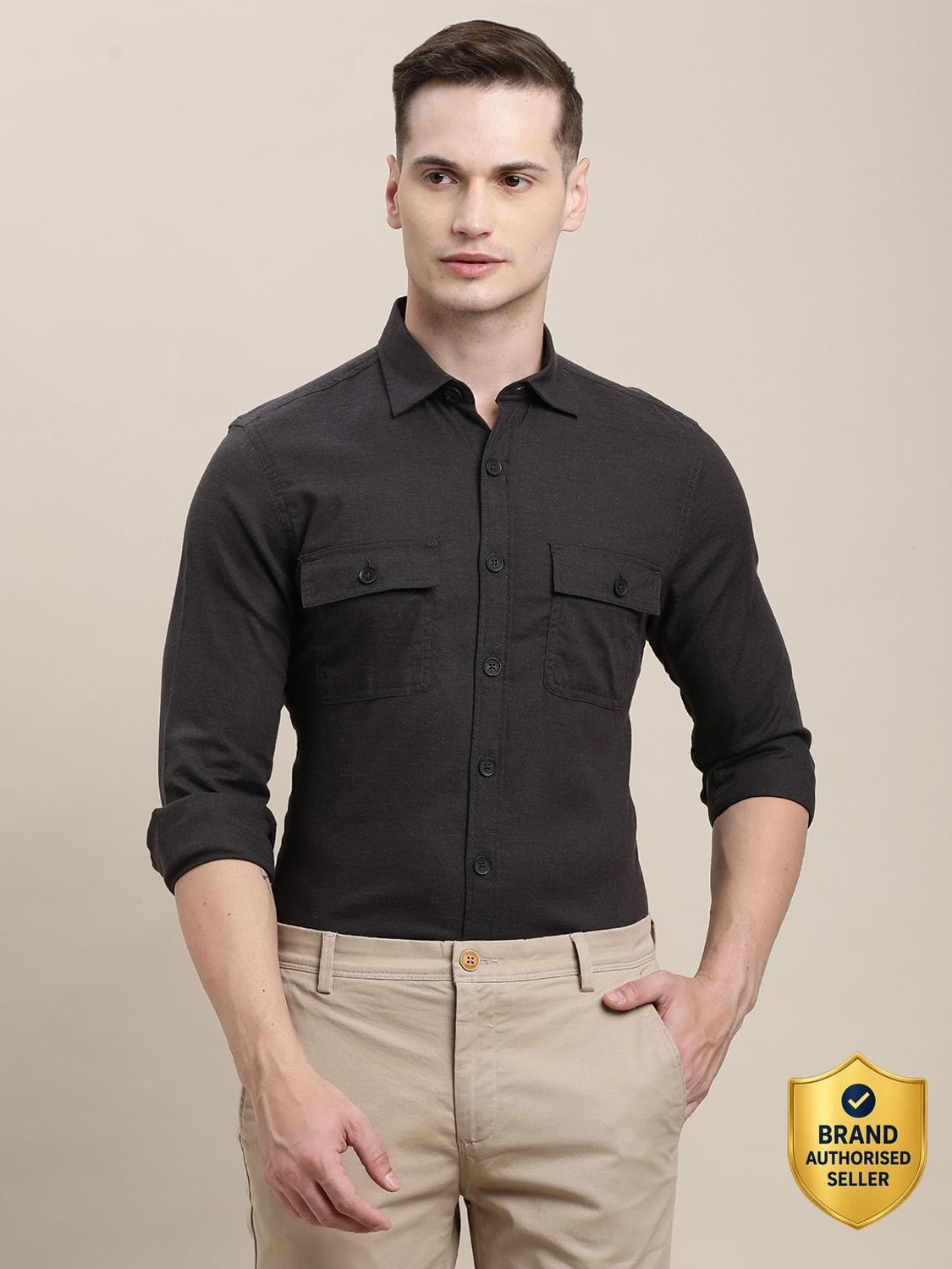 Image of TURTLE Men Slim Fit Solid Spread Collar Casual Shirt