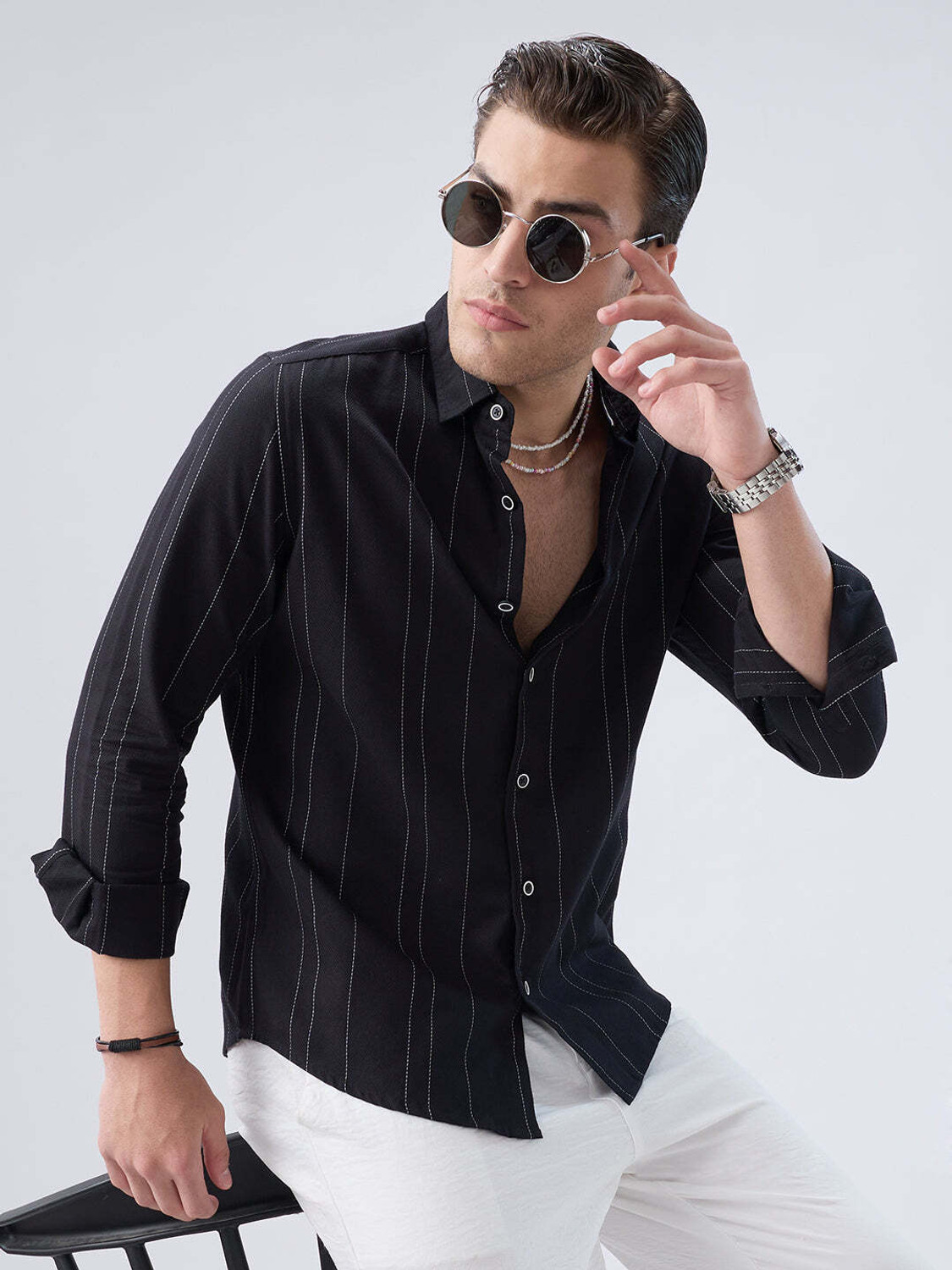 Image of VASTRADO Men Regular Fit Striped Cut Away Collar Casual Shirt