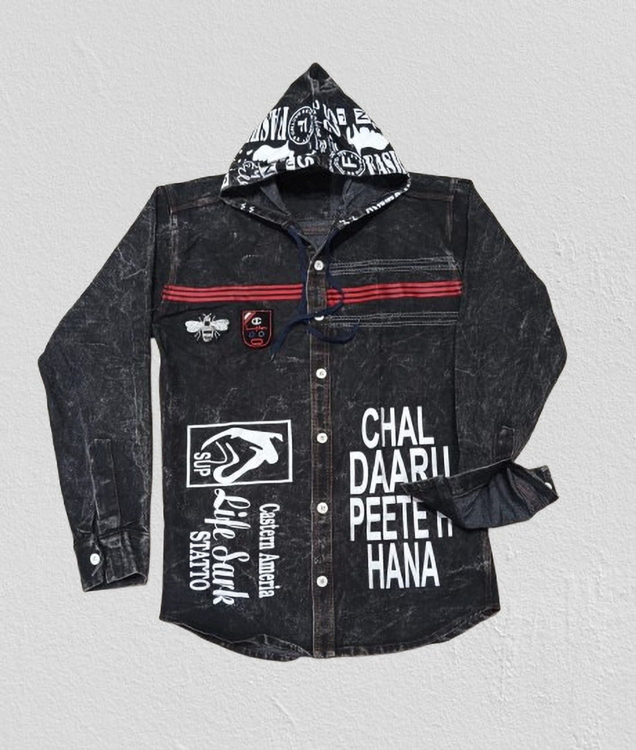 Image of Clubble Men Regular Fit Washed, Graphic Print, Printed Hood Collar Casual Shirt