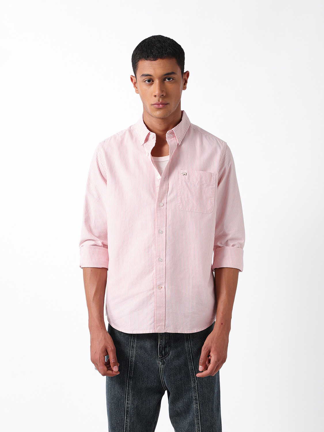 Image of mischief monkey Men Tailored Fit Striped Button Down Collar Casual Shirt