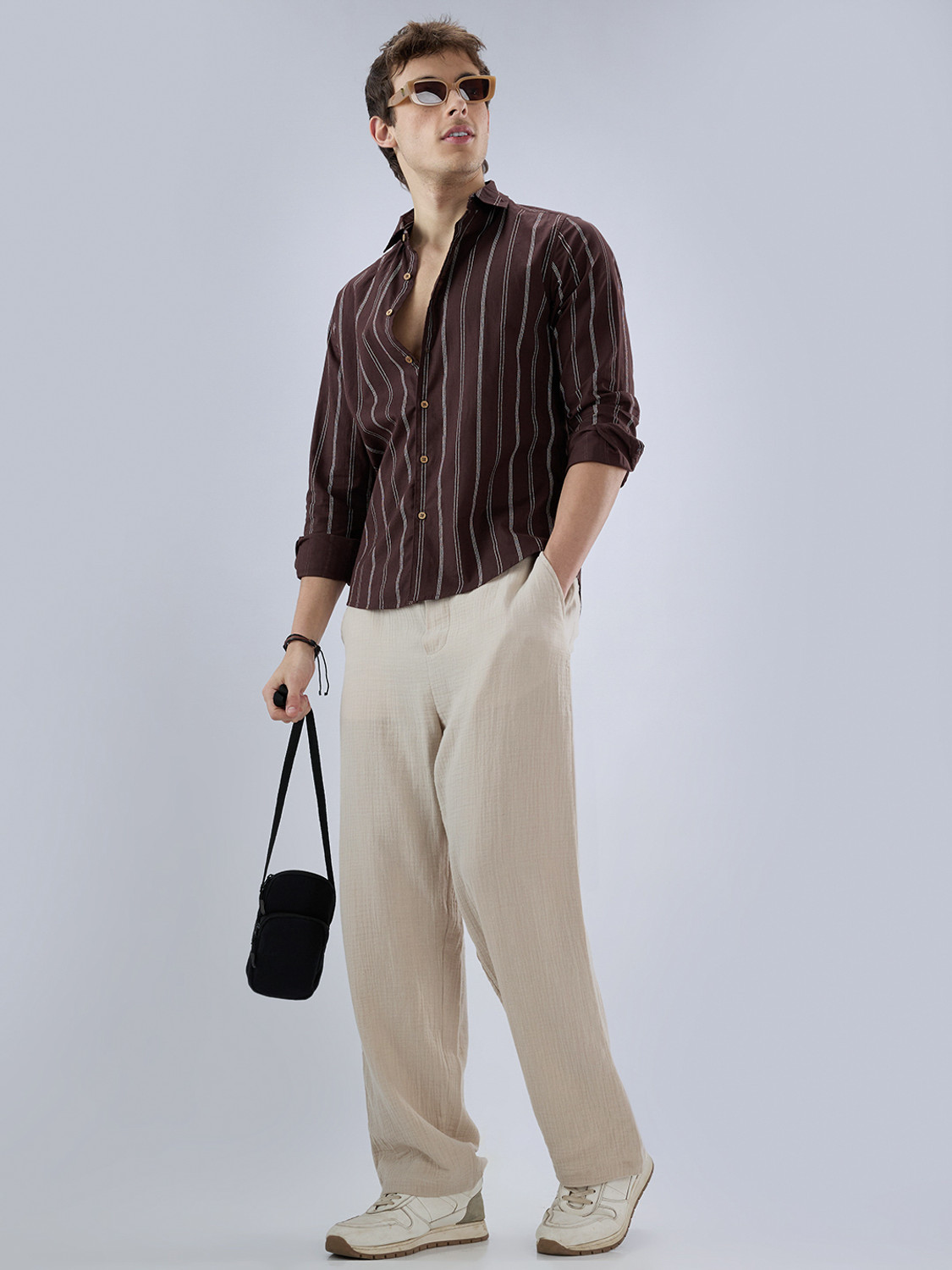 Image of VASTRADO Men Regular Fit Striped Cut Away Collar Casual Shirt