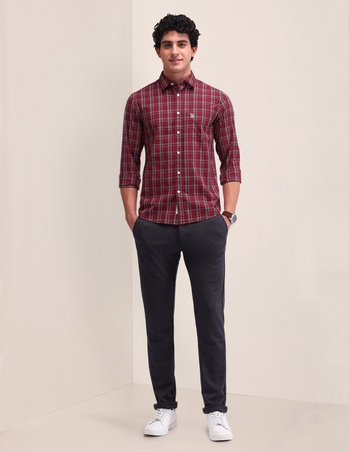 Image of U.S. POLO ASSN. Men Regular Fit Checkered Spread Collar Casual Shirt