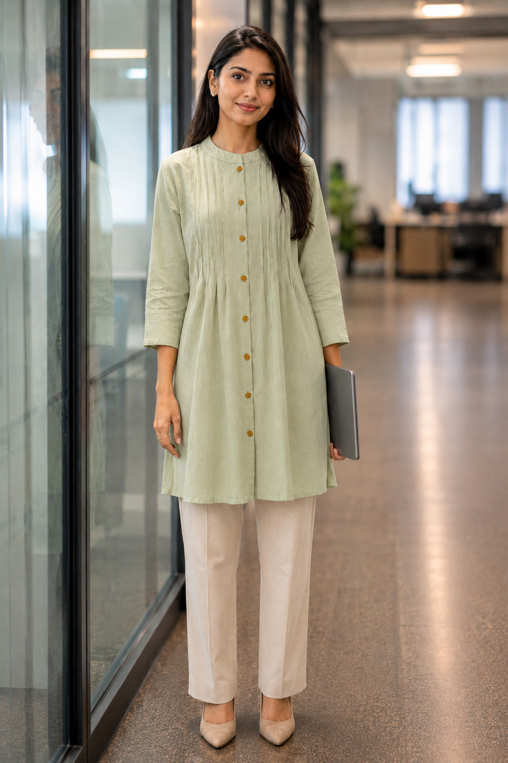 Image of Nayam By Lakshita Women Regular Fit Embroidered Mandarin Collar Casual Shirt
