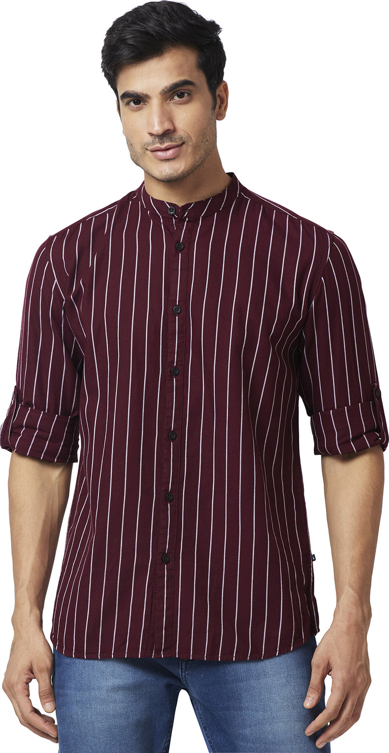 Image of PARX Men Slim Fit Striped Mandarin Collar Casual Shirt