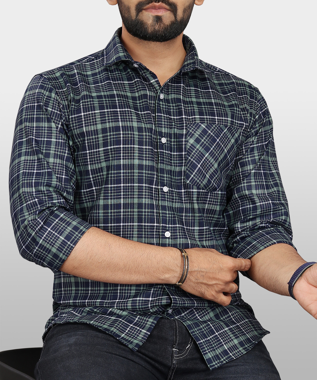 Image of VeBNoR Men Regular Fit Checkered Spread Collar Formal Shirt