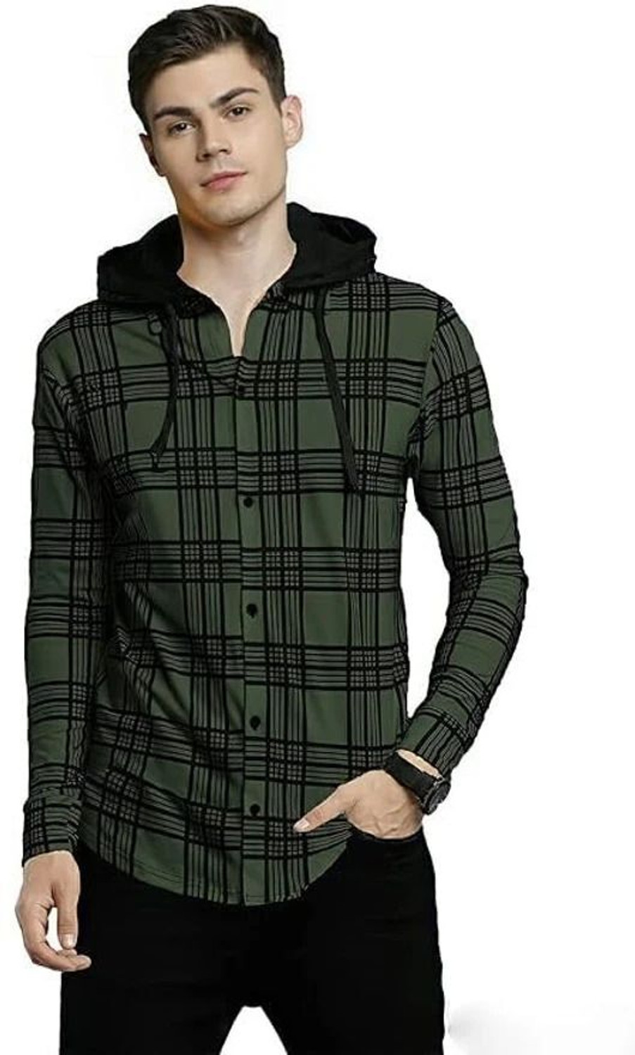 Image of OSCILLATE Men Regular Fit Checkered Hood Collar Casual Shirt