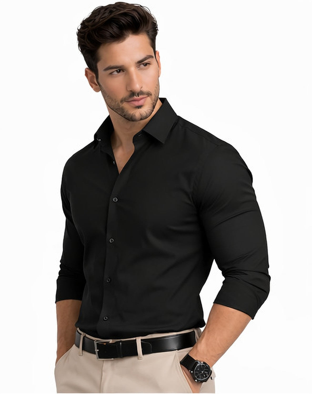 Image of THE BEAR HOUSE Men Slim Fit Solid Spread Collar Casual Shirt