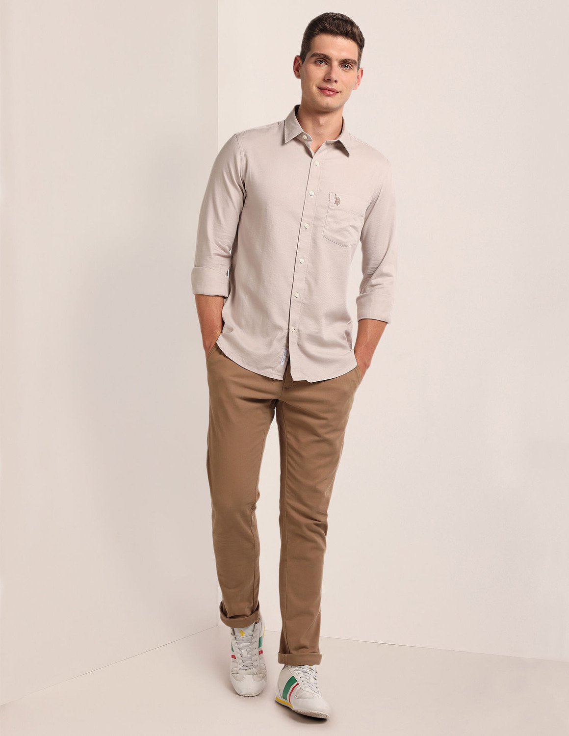 Image of U.S. POLO ASSN. Men Regular Fit Solid Cut Away Collar Casual Shirt