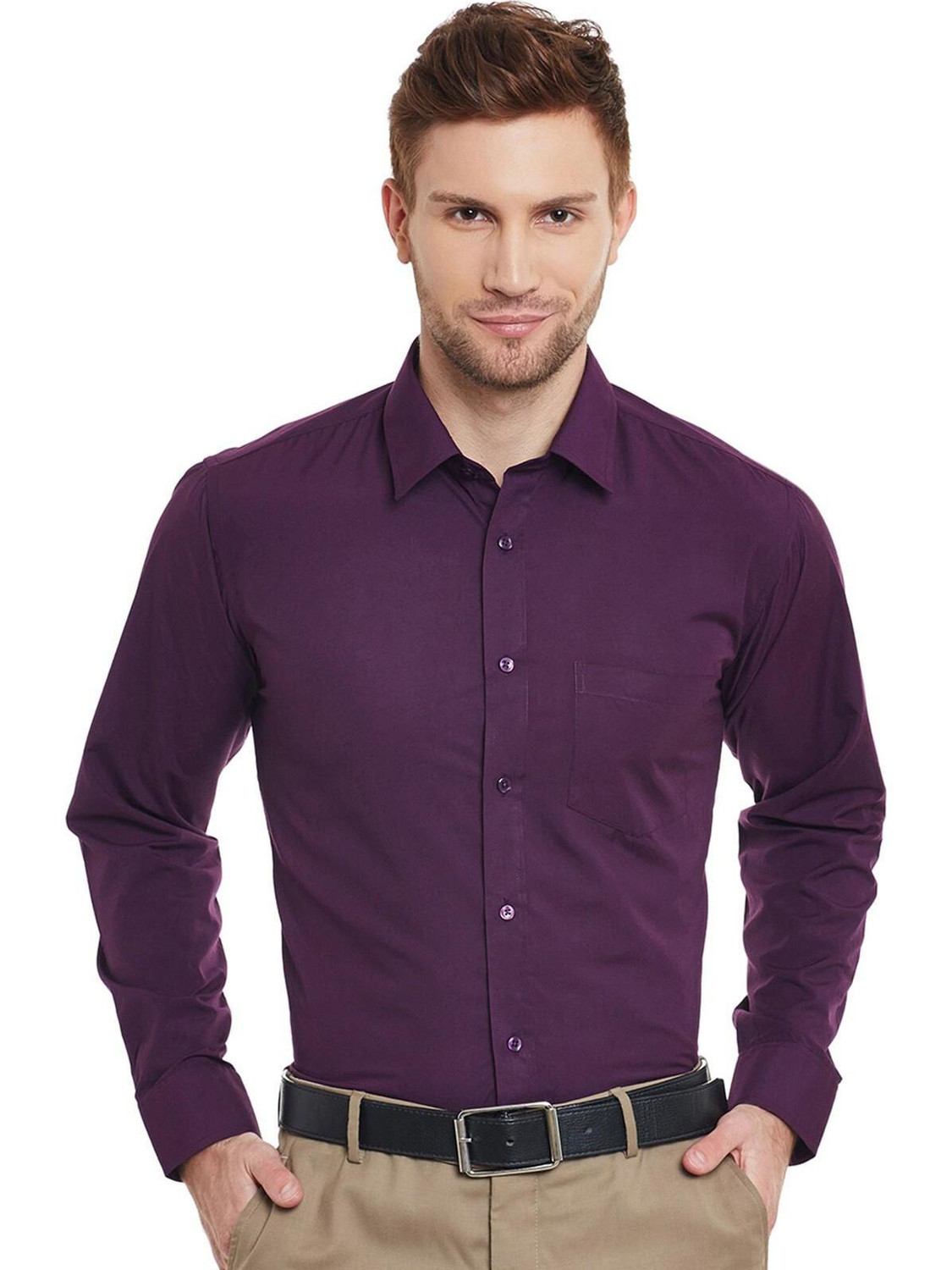 Image of Raymond Men Slim Fit Solid Cut Away Collar Formal Shirt