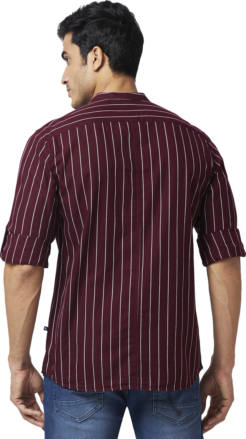 Image of PARX Men Slim Fit Striped Mandarin Collar Casual Shirt