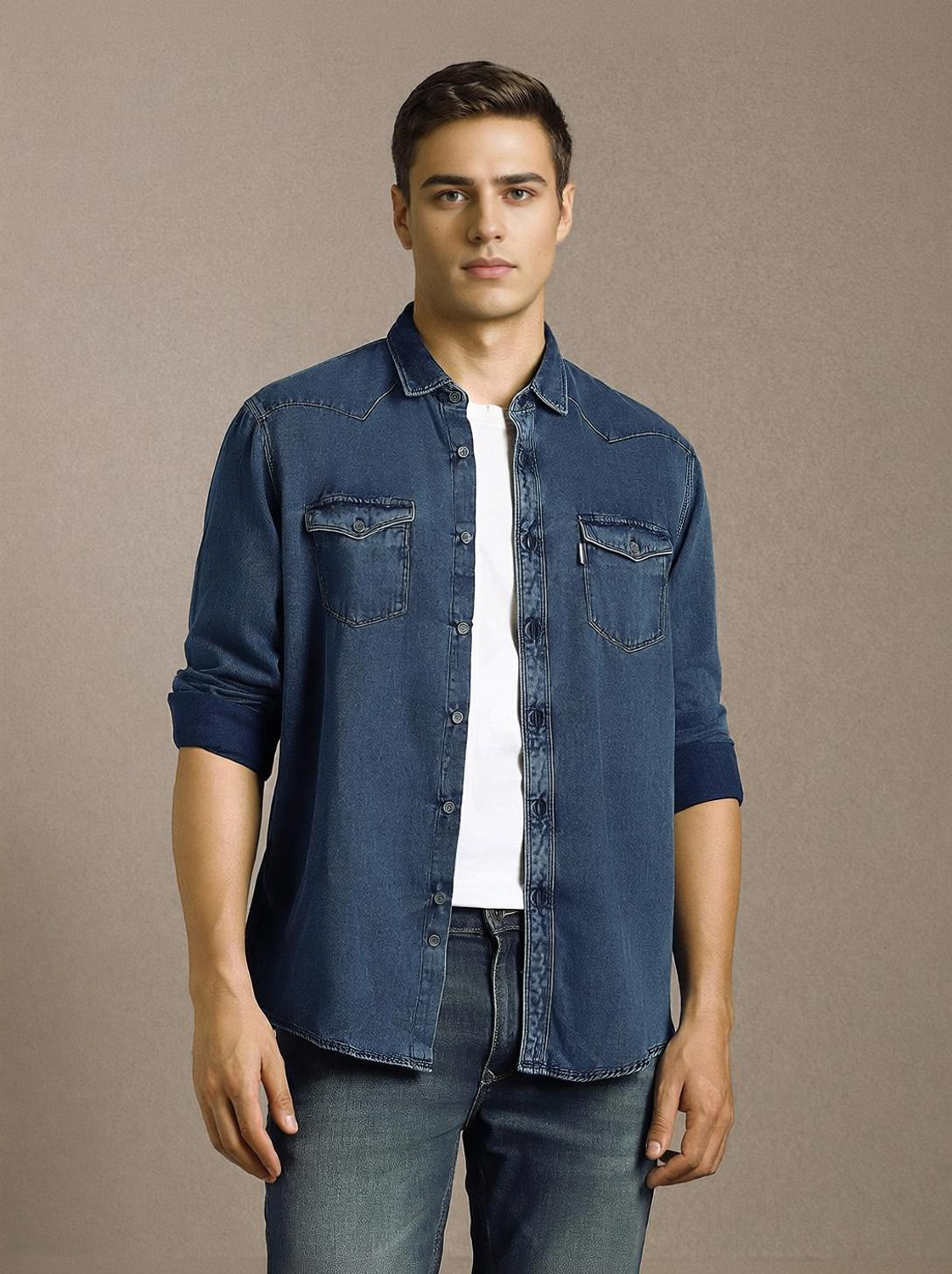 Image of LOUIS PHILIPPE Men Slim Fit Solid Spread Collar Casual Shirt