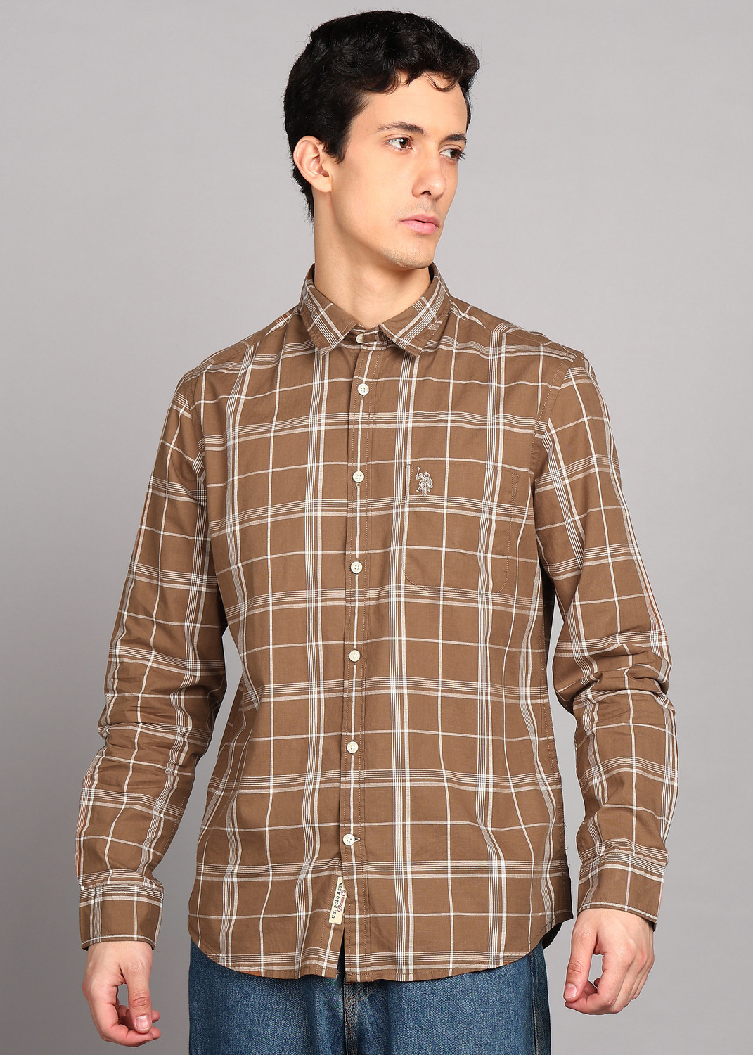 Image of U.S. POLO ASSN. Men Regular Fit Checkered Spread Collar Casual Shirt