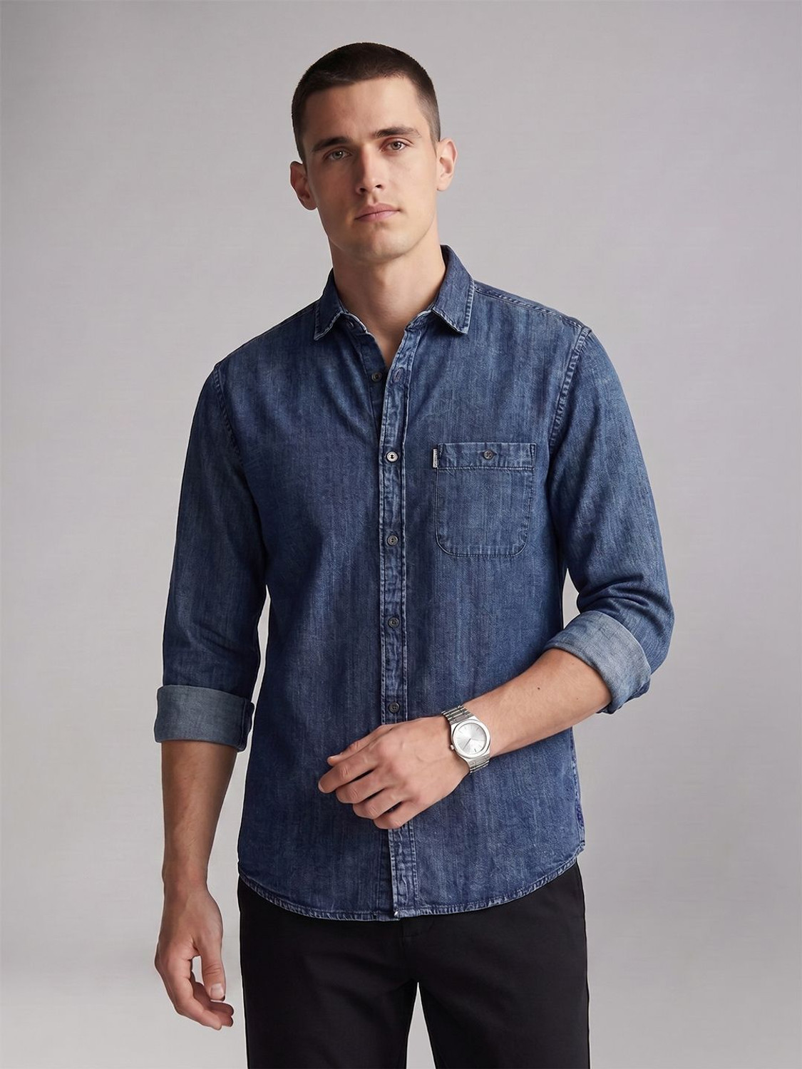 Louis Philippe Jeans Men Solid Casual Blue Shirt