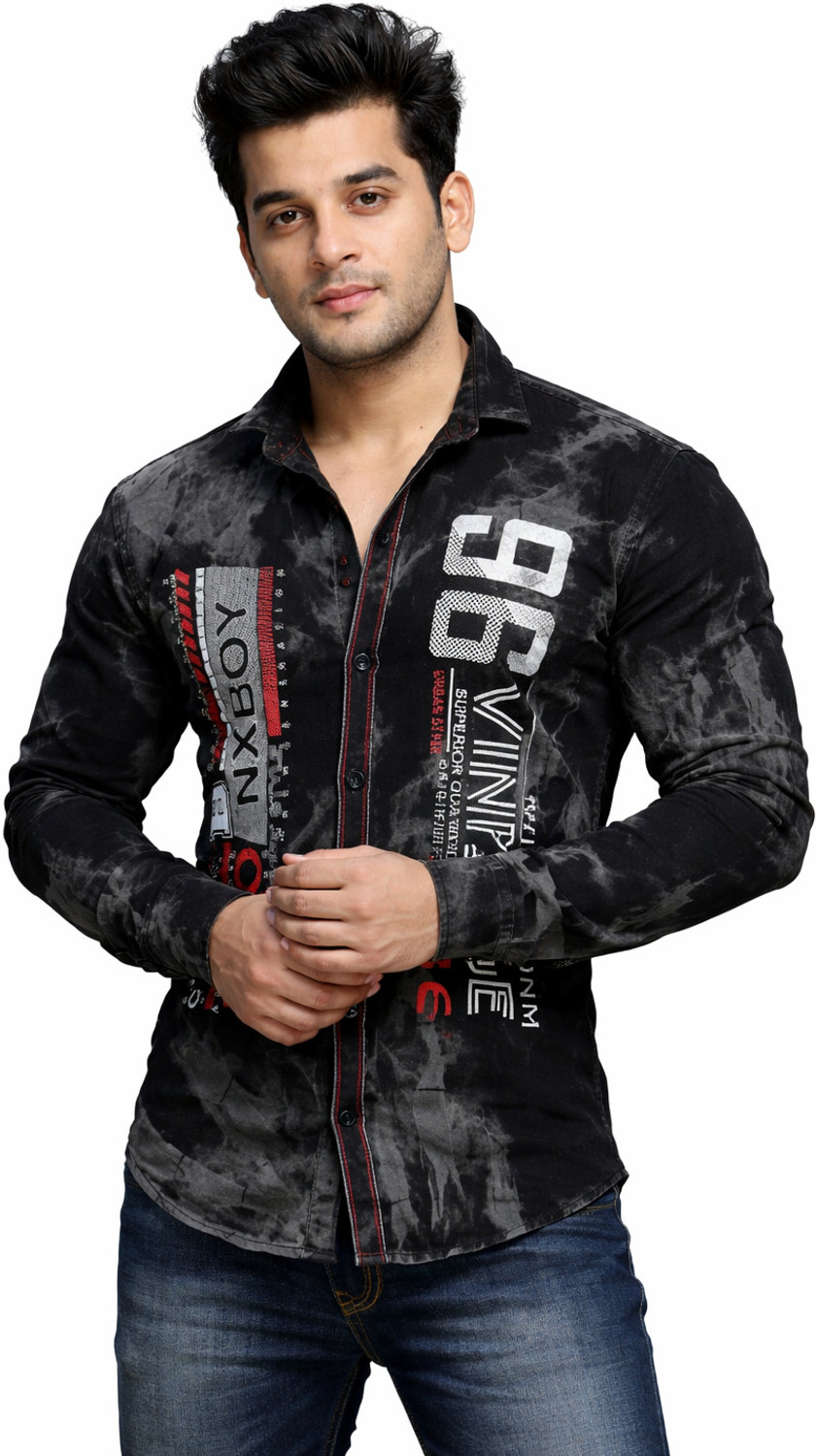 Image of Clubble Men Regular Fit Washed, Graphic Print, Printed Hood Collar Casual Shirt