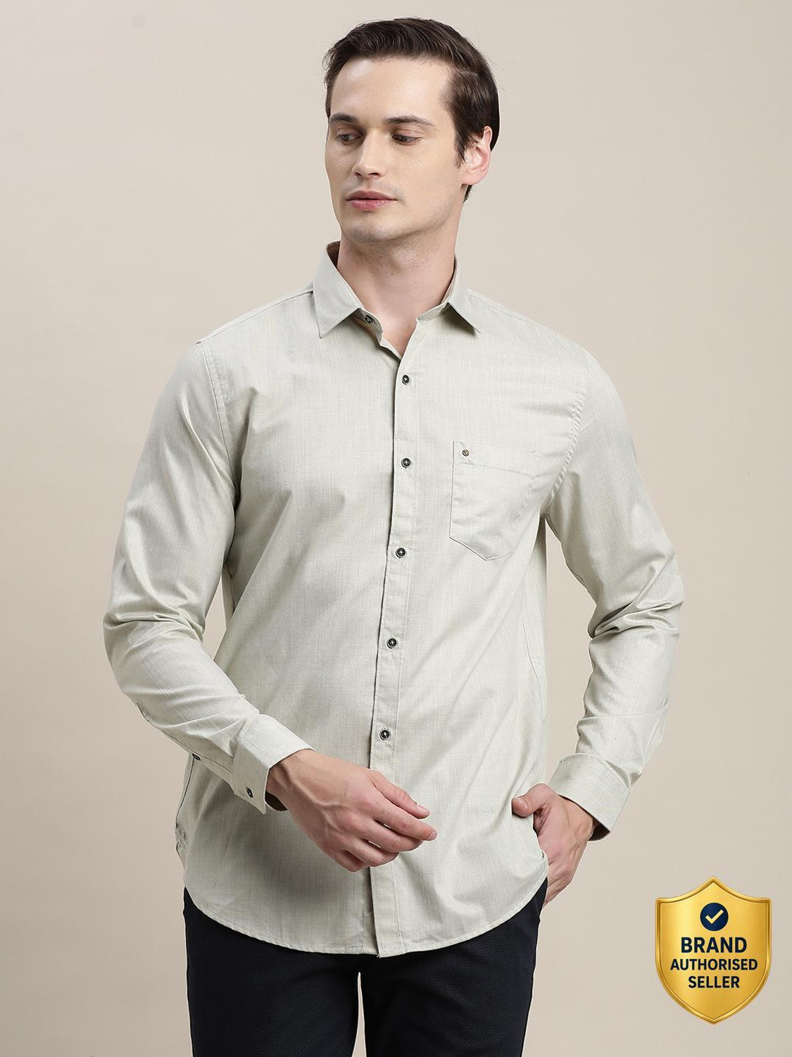 Image of TURTLE Men Slim Fit Solid Spread Collar Casual Shirt