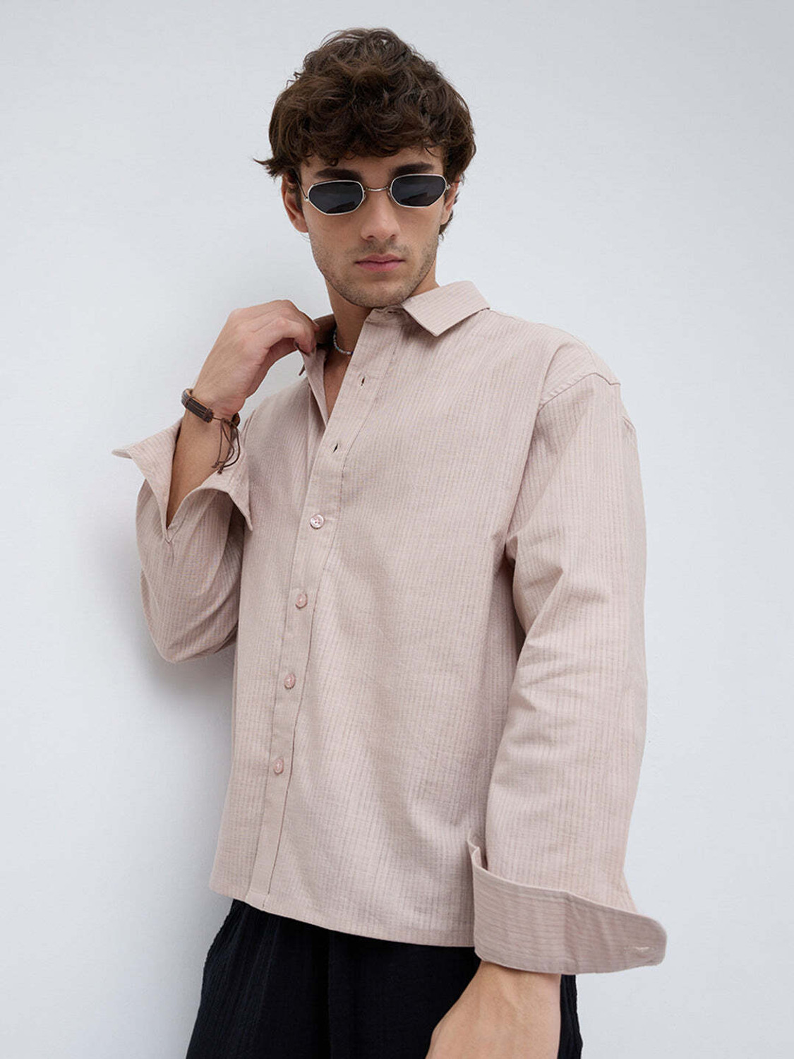 Image of VASTRADO Men Oversized Fit Solid Cut Away Collar Casual Shirt