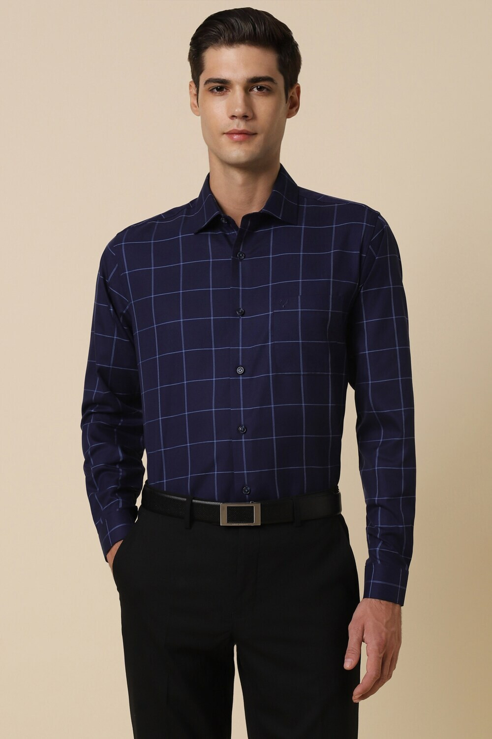 Image of Allen Solly Men Slim Fit Checkered Spread Collar Formal Shirt