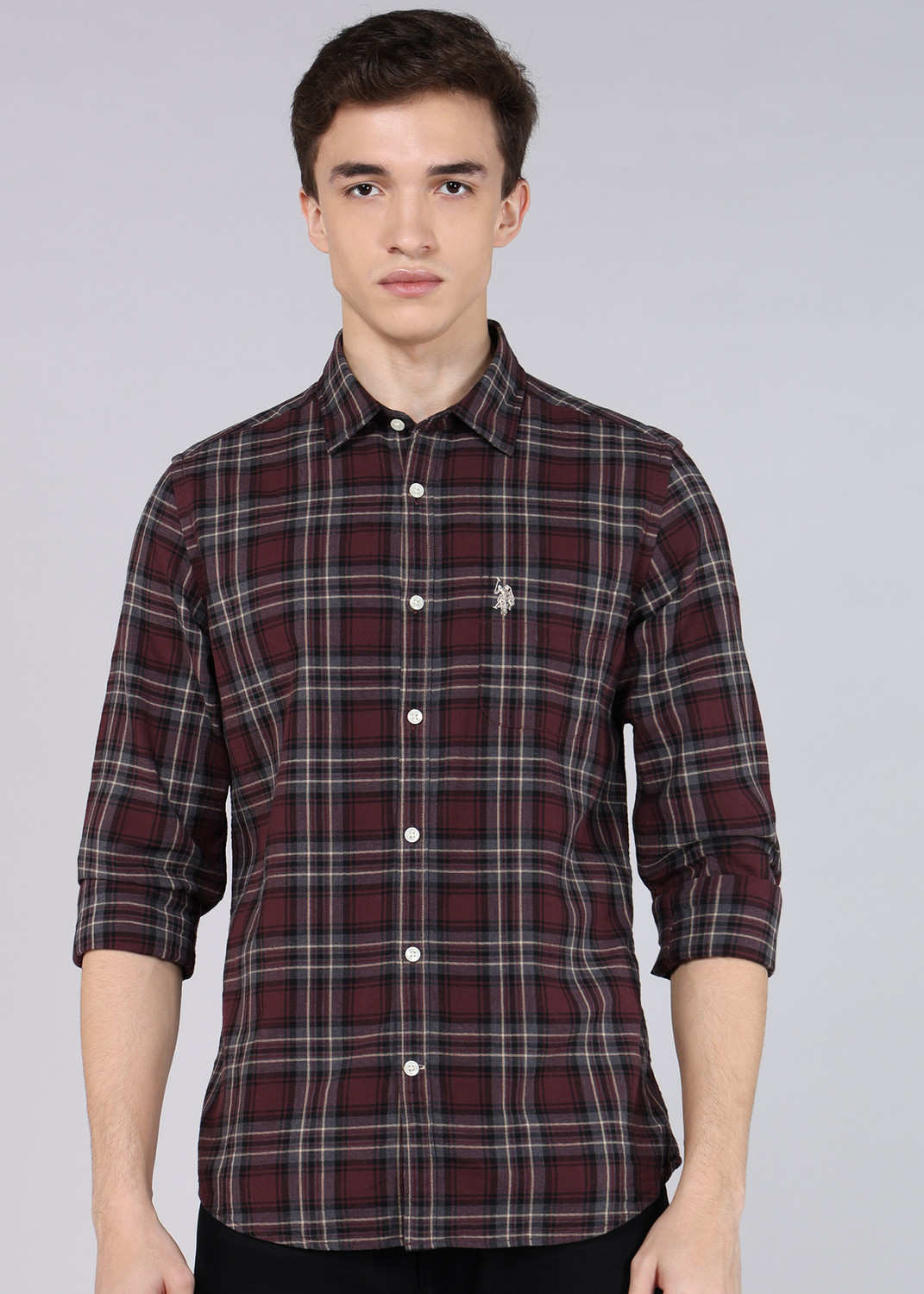 Image of U.S. POLO ASSN. Men Regular Fit Checkered Spread Collar Casual Shirt