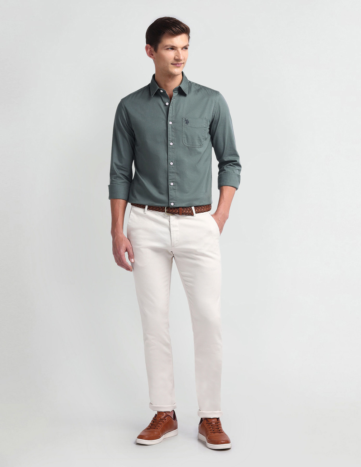 Image of U.S. POLO ASSN. Men Slim Fit Solid Cut Away Collar Casual Shirt