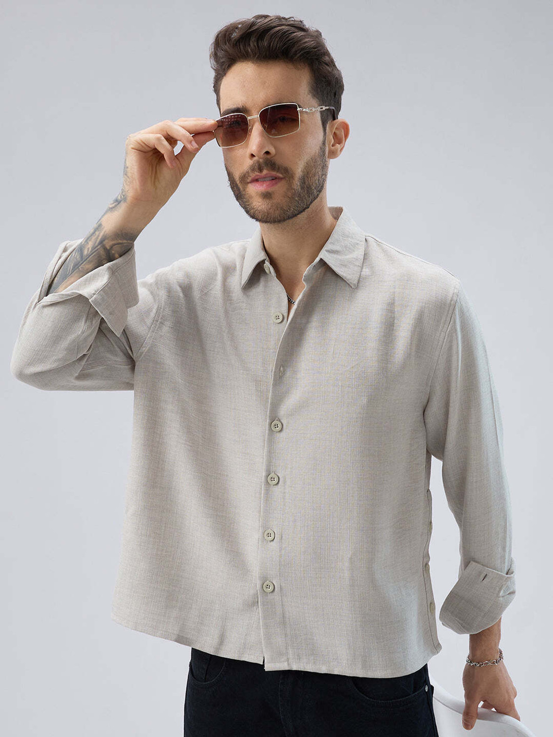 Image of VASTRADO Men Oversized Fit Solid Cut Away Collar Casual Shirt