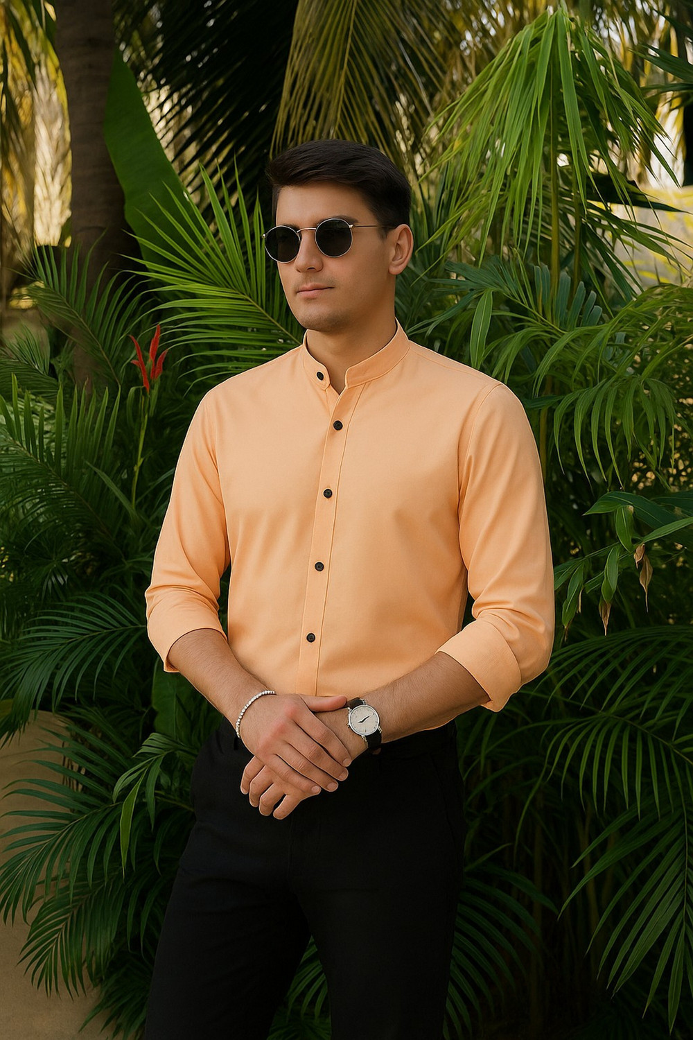 Image of Buscott Men Relaxed Fit Fit Solid Mandarin Collar Casual Shirt