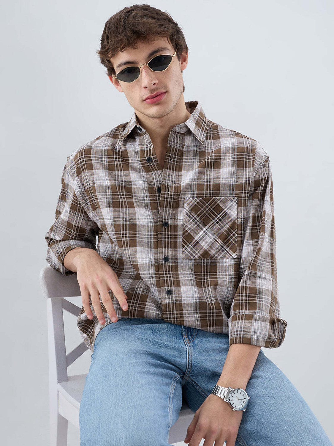Image of VASTRADO Men Regular Fit Checkered Cut Away Collar Casual Shirt