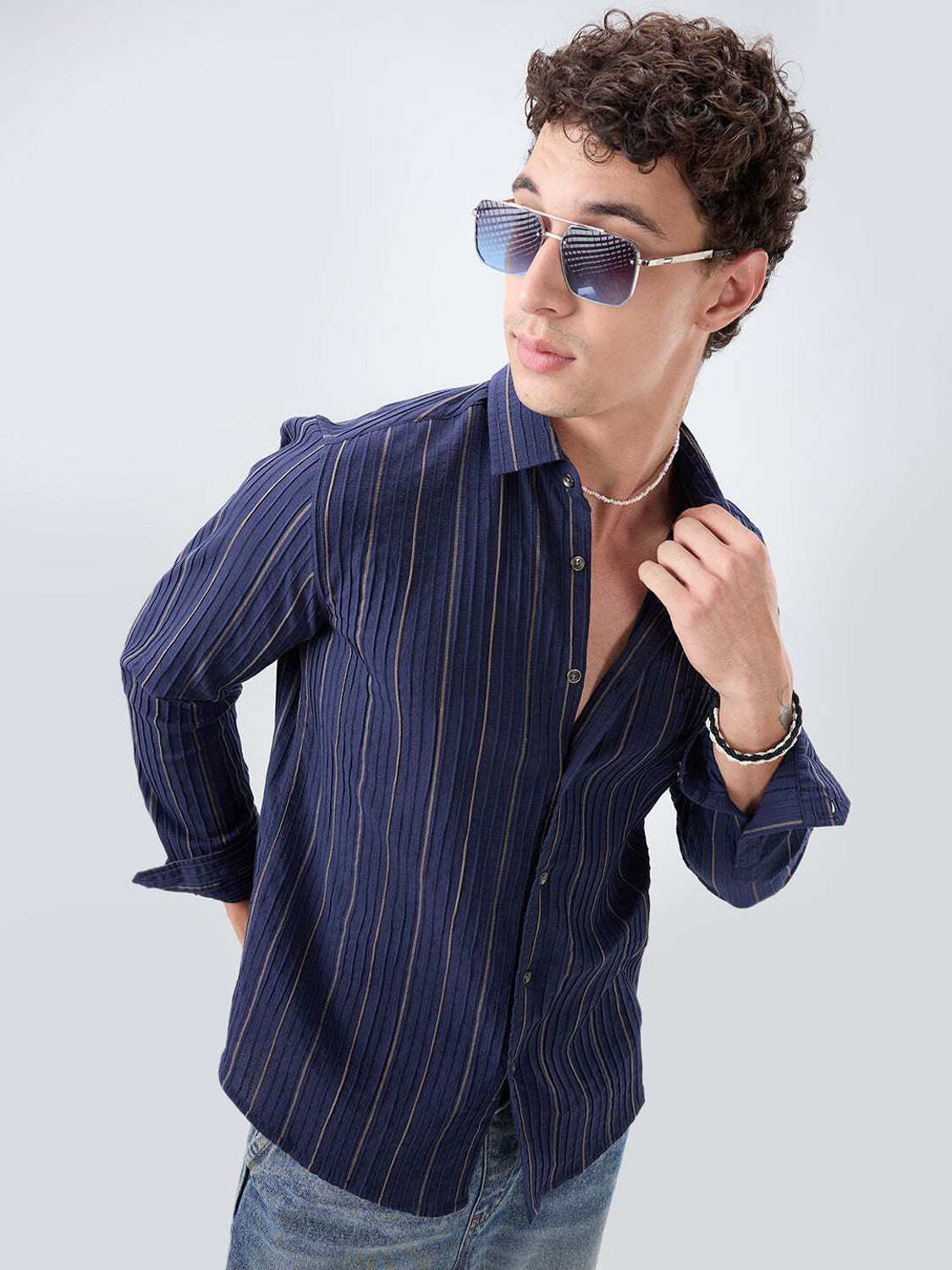 Image of VASTRADO Men Regular Fit Striped Cut Away Collar Casual Shirt